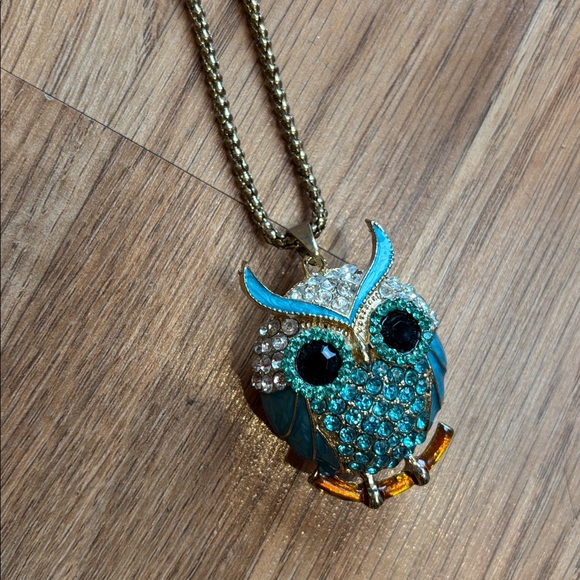 Gold and Blue Owl Pendant Necklace - Picture 7 of 11